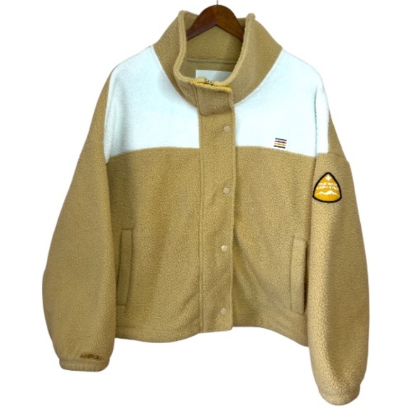 Hudson Bay HBC Stripes Beige Women's Faux Shearling Teddy Jacket Zip Up M - Picture 11 of 11